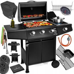 MOCNY GRILL GAZOWY STALOWY RUSZT ŻELIWNY 3+1 TEXAS CZARNY ZESTAW +POKROWIEC