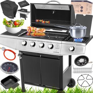 GRILL GAZOWY OGRODOWY ŻELIWNY RUSZT NIERDZEWNY LEHMANN OHIO 4+1 POKROWIEC