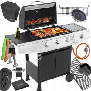 GRILL GAZOWY OGRODOWY ŻELIWNY RUSZT NIERDZEWNY LEHMANN TEXAS 3+1 POKROWIEC
